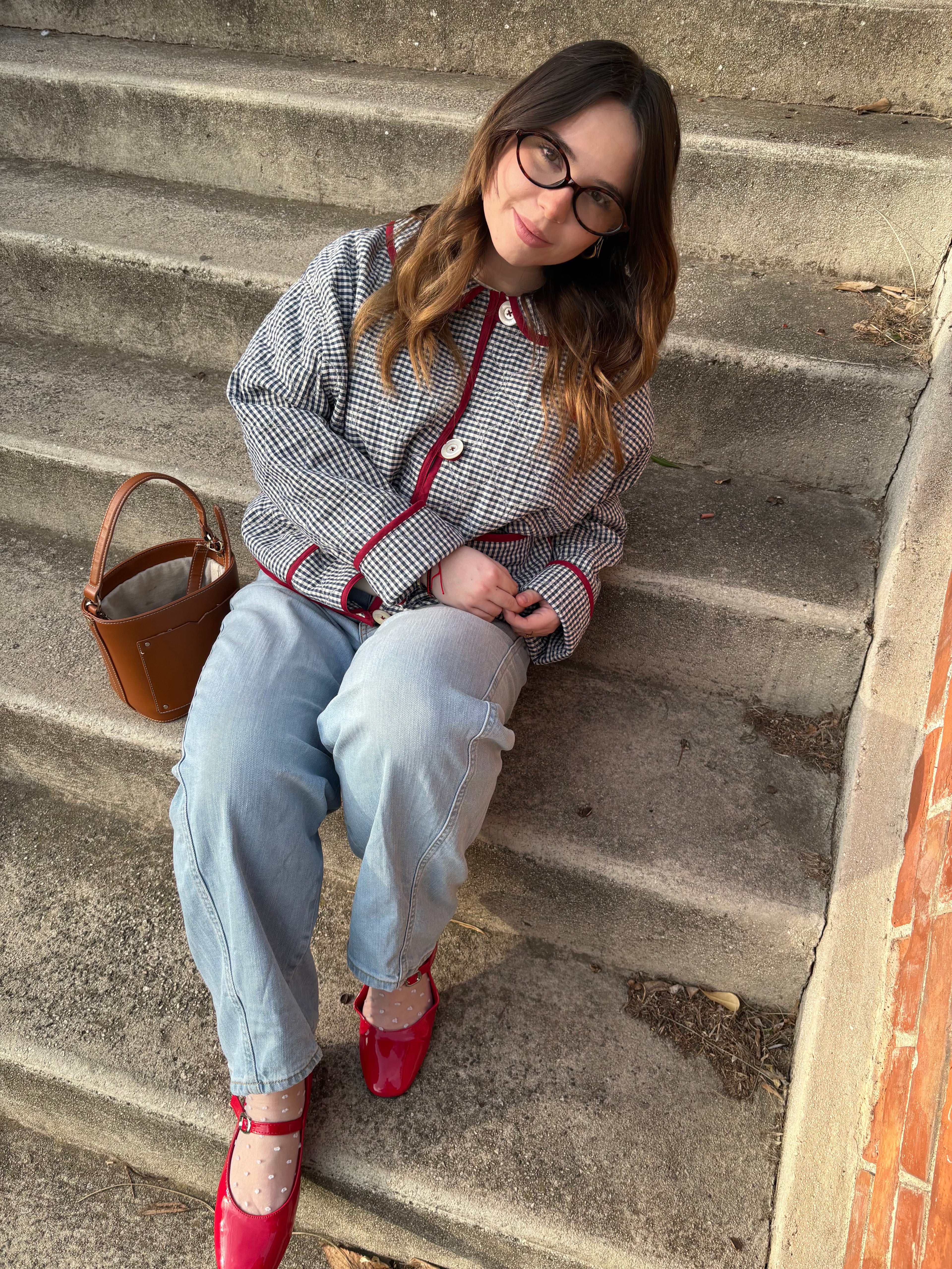 L’AUDACIEUSE veste molletonnée en vichy et biais rouge - cousue main - sur mesure - Méla de Mars